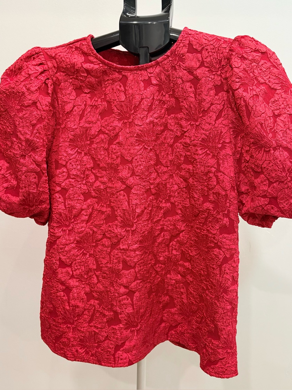 Red Textured Puff Sleeve Women's Top